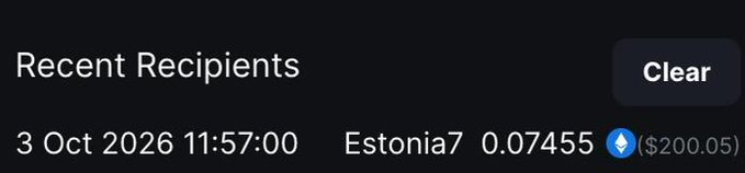 The image shows a "Recent Recipients" transaction notification dated 3 Oct 2026 11:57:00, displaying a send of 0.07455 ETH (worth $200.05) to user "Estonia7." This appears to be the receipt confirmation for the $200 giveaway mentioned in the accompanying post, likely sent from "@estisback."