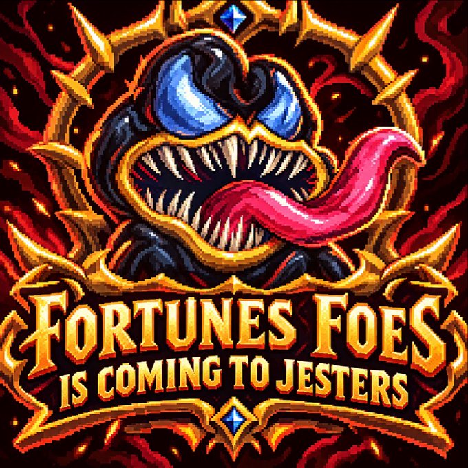 The image is a stylized logo featuring a menacing black creature with sharp teeth and a protruding red tongue, surrounded by golden spiked armor and dark red swirling flames. Below the creature, bold text reads "FORTUNES FOES IS COMING TO JESTERS." 

This logo relates to the post by announcing the collaboration between the Fortune Foes and Jesters communities, promoting excitement about an upcoming project from founder @0xPooria that will join these two NFT groups together.