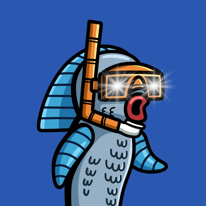 A cartoon character with a fish body wearing snorkel gear, glasses with glowing lights, and an open mouth against a blue background.