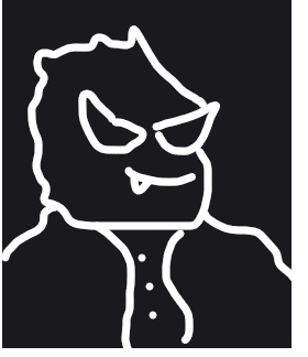 A simple white line drawing of a frowning, menacing figure with pointed ears on a black background.
