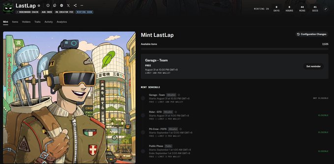 A screenshot of the LastLap NFT marketplace interface showing a mint schedule for the 'Mint LastLap' collection with various stages including Garage - Team, Garage - Town, Rider - GT3, Pit Crew - FCFS, and Public Phase.