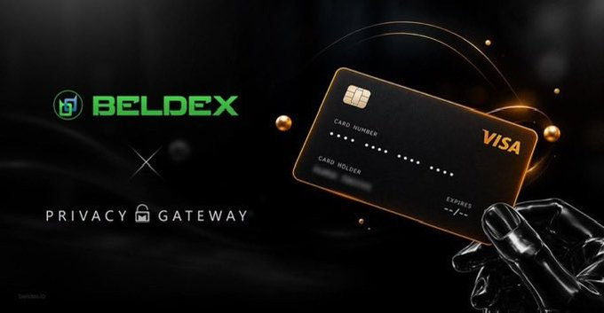Promotional graphic for "BELDEX × PRIVACY GATEWAY" featuring a robotic hand holding a black Visa card with the Beldex logo.