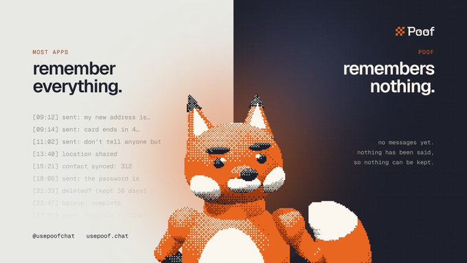 An advertisement for the privacy-focused app "Poof" contrasts "MOST APPS" which "remember everything" with "POOF" which "remembers nothing," featuring a pixelated orange fox mascot in the center.
