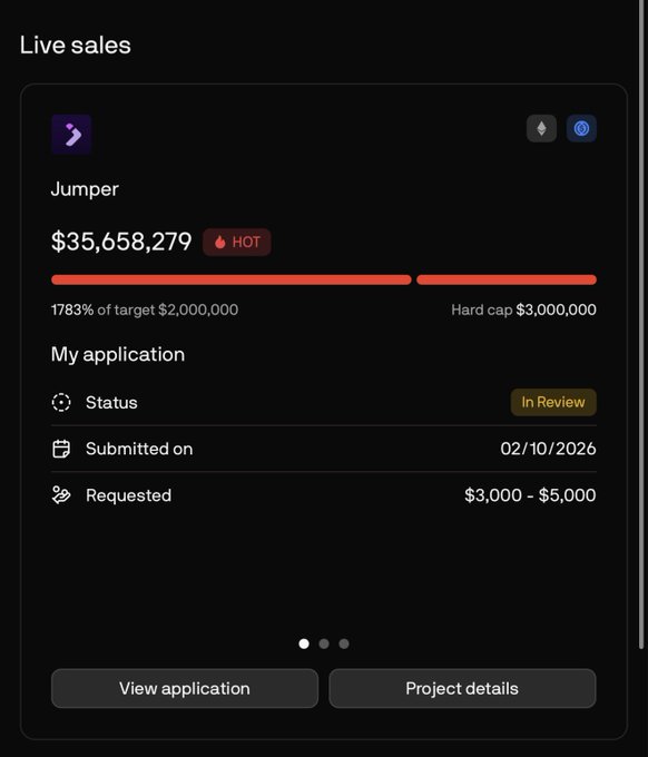 A 'Live sales' dashboard displays a project named 'Jumper' with $35,658,279 raised (1783% of target $2,000,000, hard cap $3,000,000), marked as 'HOT' and 'In Review', submitted on 02/10/2026 for $3,000 - $5,000.