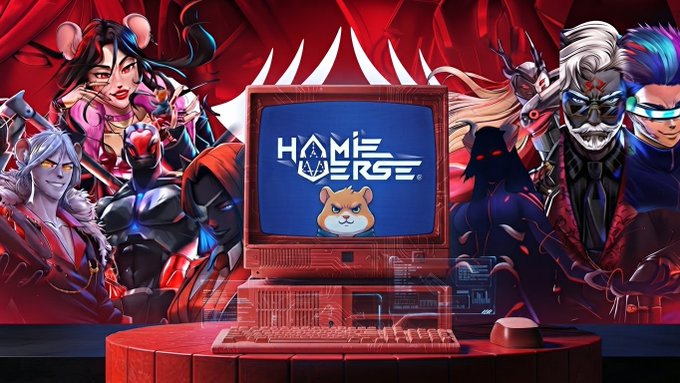 A promotional image for "Homeverse" featuring an old-style computer displaying the Homeverse logo and a Shiba Inu dog mascot, surrounded by various character avatars against a red background.