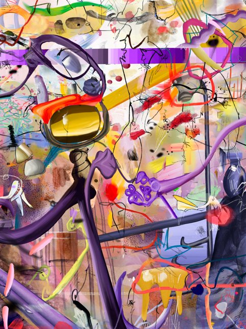 An abstract, colorful digital painting featuring chaotic shapes, scribbles, and splatters of paint in various colors.