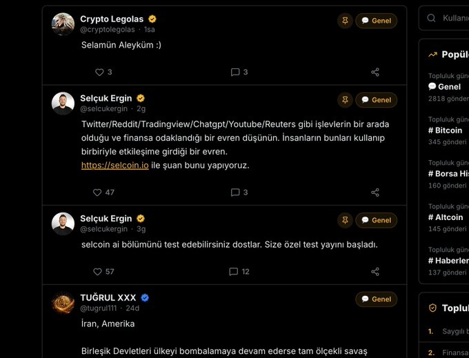 A screenshot of a Twitter/X feed showing posts from crypto-related accounts, including Selcuk Ergin (@selcukergin) promoting selcoin.io as a platform that combines services like Twitter/Reddit, Tradingview, ChatGPT, Youtube, and Reuters into a finance-focused product, with a call for content creators to join the forum at selcoin.io/forum.