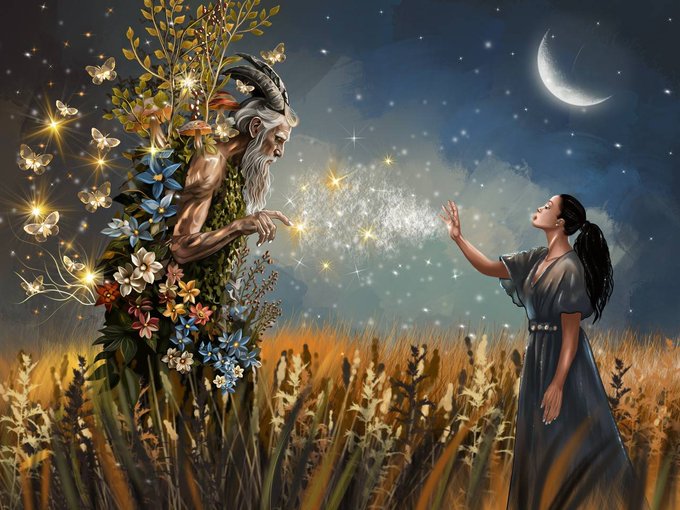 A mystical figure with horns and a long white beard, surrounded by glowing butterflies and flowers, stands in a golden wheat field releasing shimmering sparkles toward a woman in a flowing blue dress beneath a crescent moon—capturing the enchanted, nature-bound essence of "The Whisper of the Ancient Forest."