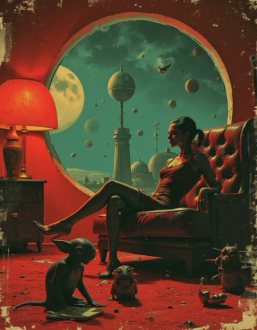 A surreal retro-futuristic illustration of a woman in a red dress sitting in a red room looking out a large window at a landscape with floating planets.