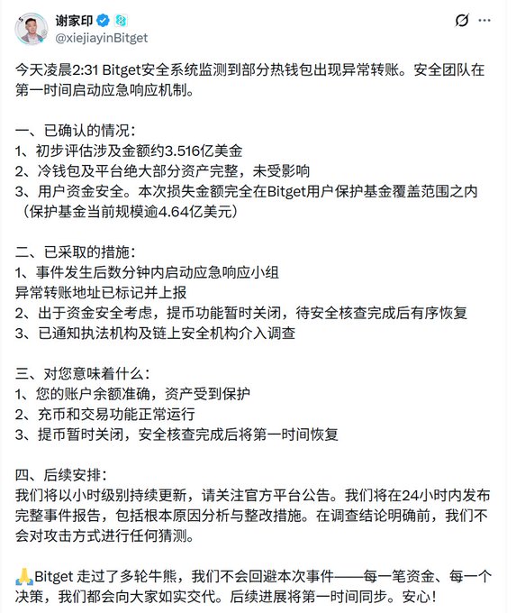A Chinese social media post from Bitget (谢家印 @xiejayinBitget) announcing that at 2:31 AM their security system detected abnormal transactions in some hot wallets, detailing that approximately $351.6 million was involved, with cold wallets unaffected and withdrawals temporarily suspended.