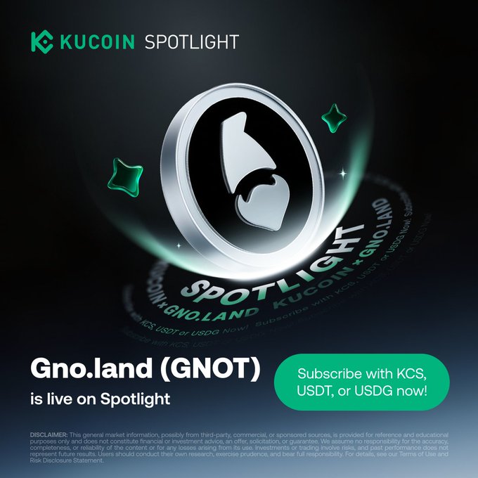 The image is a KuCoin Spotlight promotional graphic for the launch of Gno.land (GNOT), featuring a stylized 3D coin with the Gno.land logo against a dark background, along with a call-to-action button inviting users to subscribe with KCS, USDT, or USDG. It visually reinforces the post's announcement of the GNOT token sale and the upgraded Spotlight program with devotion discounts and buyback protection.