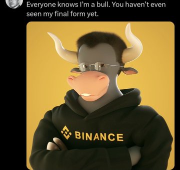 A cartoon bull wearing sunglasses and a black "BINANCE" hoodie appears alongside a caption declaring "Everyone knows I'm a bull. You haven't even seen my final form yet," referencing Binance founder CZ as part of a meme comparing crypto exchange mascots ($CZ vs $COINBASE's $BRIAN) racing toward a $500M market cap.