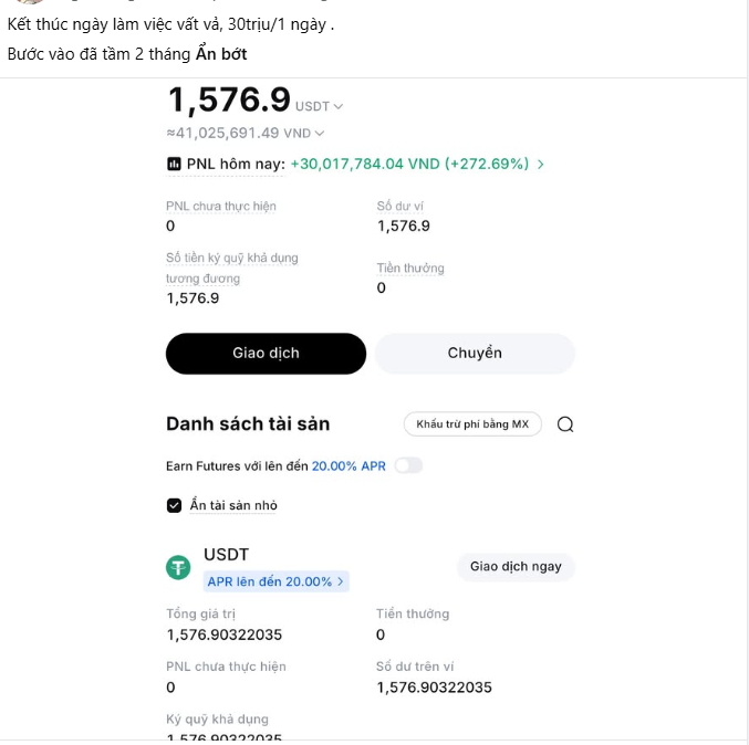 A screenshot of a trading account showing a balance of 1,576.9 USDT (≈41,025,691 VND) with a daily PNL of +30,017,784 VND (+272.69%), illustrating the post's claim of a 30 million VND daily profit and ~272% return after about two months of trading.