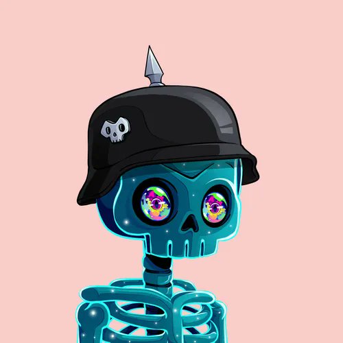 A cartoon illustration of a teal skeleton wearing a black spiked helmet with a skull emblem, set against a pink background.