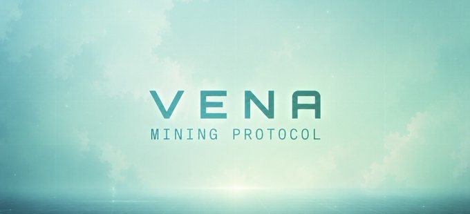 The image displays the "VENA MINING PROTOCOL" logo centered against a serene, misty teal background with cloud-like textures and a soft horizon, reinforcing the post's message of patience and an upcoming unlock—symbolizing the calm before a new trading phase begins for the $VENA token on Uniswap.