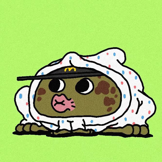 A cartoon illustration of a grotesque, blob-like creature with a polka-dotted white body, green spotted face, big black eyes, and a pink pouting mouth, wearing a black cap with a yellow McDonald's 'M' logo, set against a bright green background.