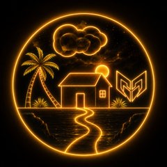A circular neon-style illuminated sign featuring a simple line drawing of a house, palm tree, sun, and cloud, glowing orange against a dark background.