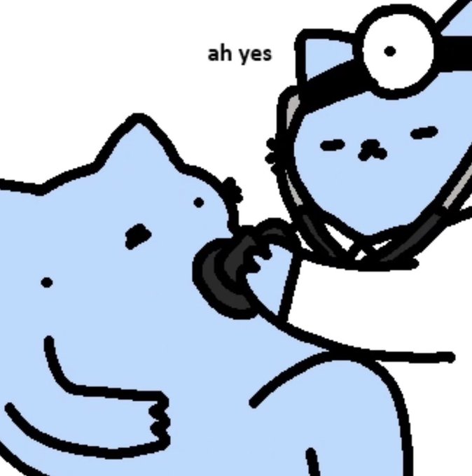 Simple cartoon drawing of a doctor with a head mirror examining a cat, with the text 'ah yes' written above.