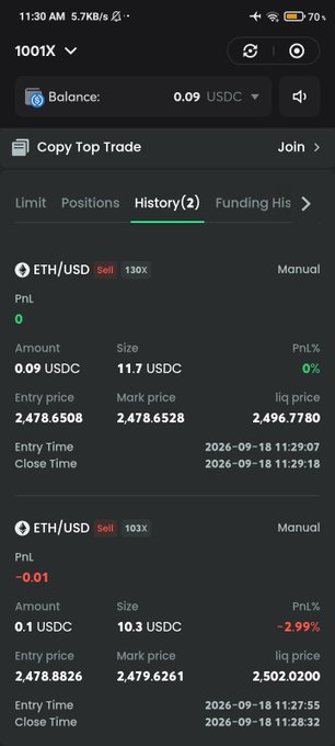 A cryptocurrency trading app showing the '1001X' interface with a balance of '0.09 USDC' and the 'History(2)' tab selected, displaying two closed ETH/USD Sell positions—one with 130x leverage showing 0 PnL and another with 103x leverage showing a -0.01 PnL (-2.99%).