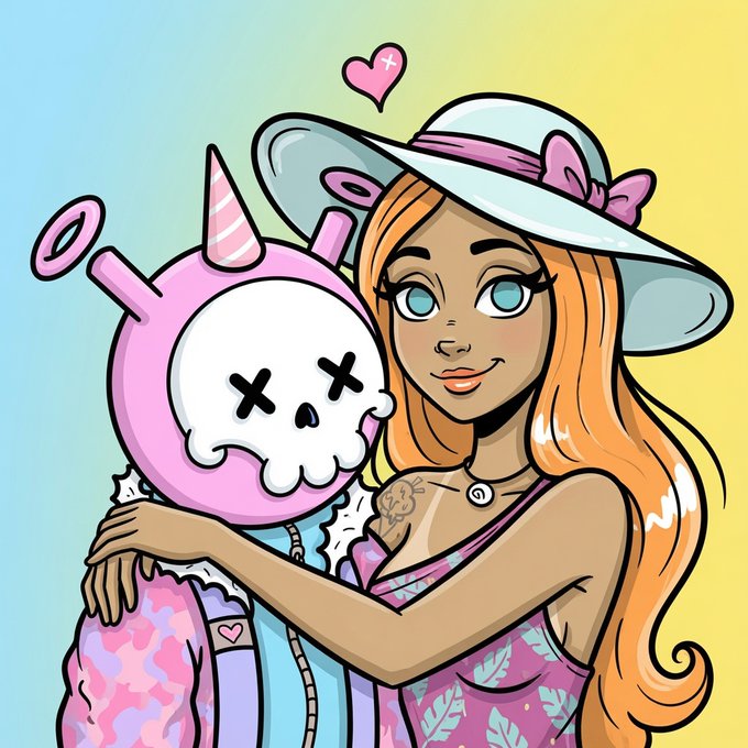 A colorful digital illustration of a girl with long orange hair and a wide-brimmed hat hugging a pink unicorn-like character with X-shaped eyes and a horn.