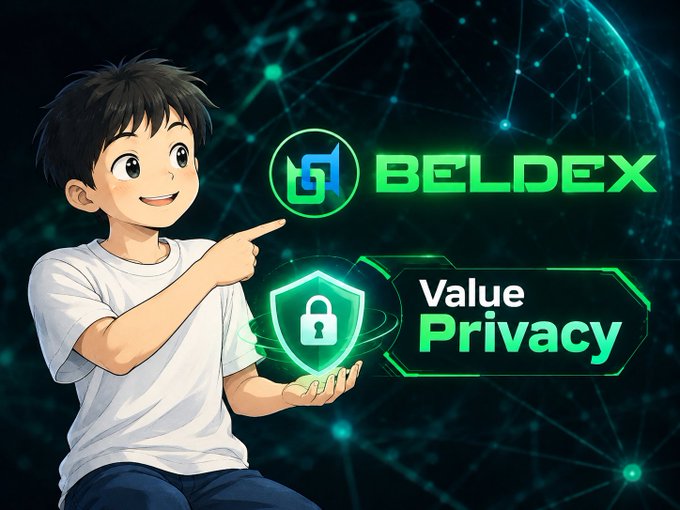 An anime-style boy points at a logo for 'BELDEX' alongside text promoting 'Value Privacy', holding a glowing green shield with a padlock icon.