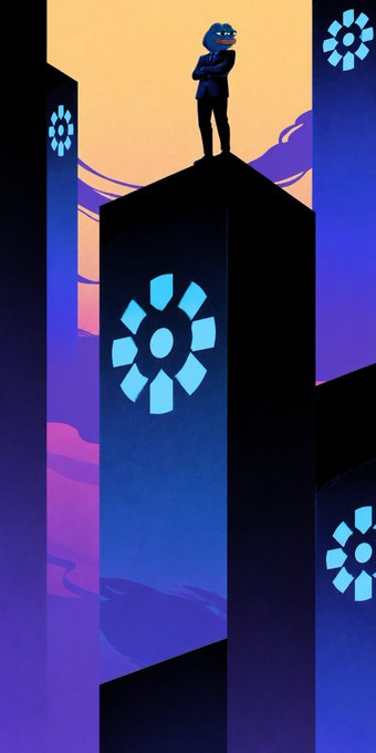 A stylized digital illustration showing a silhouetted figure standing atop tall dark towers adorned with glowing blue circular symbols, set against a sunset sky with purple and orange hues.