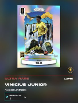 A Vinicius Jr. National Landmarks card numbered 12/49 is displayed, shown in an Ultra Rare tier. The card features the Brazilian player in a yellow jersey against a waterfall backdrop, complementing the post's excitement about the player's first blockchain soccer pickup.