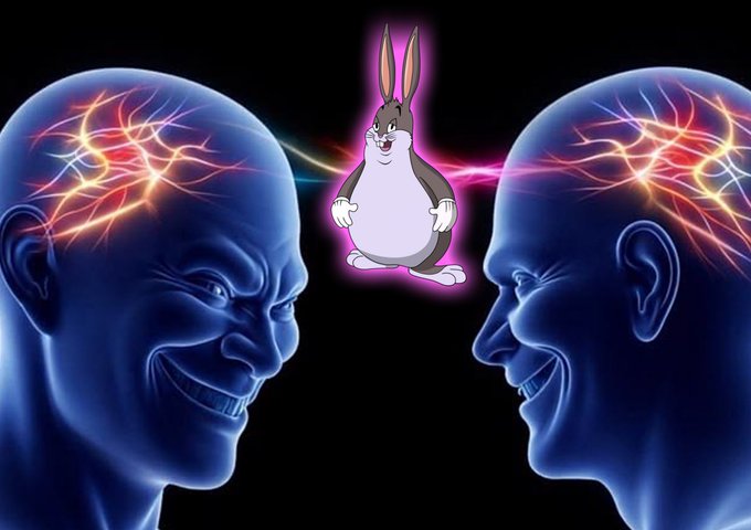 Against a black background, two menacing blue figures with exposed, glowing neural pathways in their heads face each other, connected by a stream of energy emanating from a cartoon Bugs Bunny standing between them.