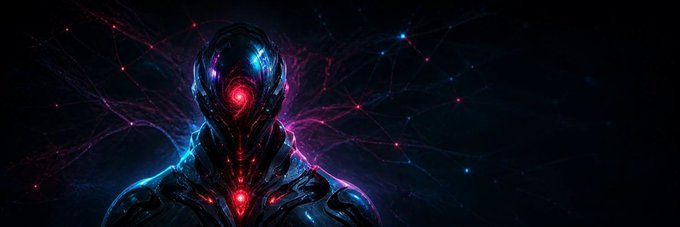 A dark, futuristic humanoid figure with glowing red eyes and chest accents stands amid a web of vibrant red and blue neural-like lines against a black background, evoking a sci-fi digital entity. The striking visual aligns with the banner added for the Solana token $SYN, suggesting themes of synthesis, connectivity, and technological innovation.