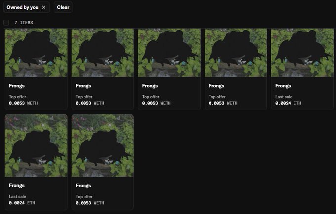 A collection of 7 "Frongs" NFTs owned by the user, with offers ranging from 0.0053 WETH and last sales at 0.0024 ETH, reflecting the user's minted Frongsss NFTs awaiting reveal.
