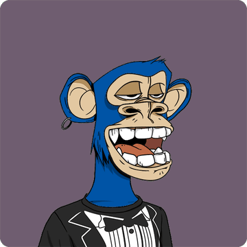 A cartoon illustration of a blue-furred monkey character wearing a black tuxedo jacket with a bow tie against a purple background.