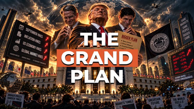 A dramatic poster titled 'THE GRAND PLAN' featuring figures resembling Bessent, Trump, and Walsh, with text highlighting 'SEPTEMBER HIKES', 'INFLATION HIKES', 'US ECONOMY HIKES', and 'GLOBAL MARKET HIKES'.