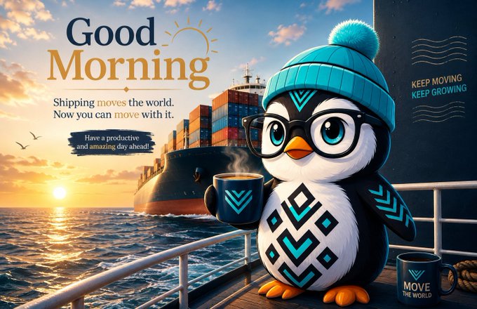 A cheerful cartoon penguin wearing a blue beanie and glasses stands on a ship's deck holding a steaming "MOVE THE WORLD" mug, with a cargo ship and sunrise ocean backdrop featuring "Good Morning — Shipping moves the world. Now you can move with it." and "KEEP MOVING, KEEP GROWING" text. The image's maritime shipping theme ties directly to the post about SHIP Protocol, visually framing the protocol's delegation mechanism as the fuel ("a steaming cup") that keeps global shipping—and its network of nodes—moving forward.
