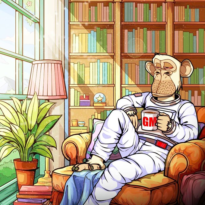 An astronaut monkey lounges in a cozy armchair with a mug reading "GM," surrounded by bookshelves and bathed in warm sunlight, perfectly capturing the relaxed weekend vibe of the "GM" morning greeting.