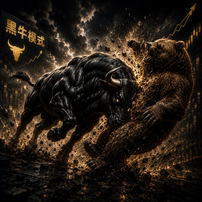A dramatic digital artwork depicting a muscular black bull charging at a roaring brown bear in a dark, stormy arena, with Chinese text '黑牛模式' (Black Bull Mode), a gold bull logo, and upward-trending financial charts in the background.