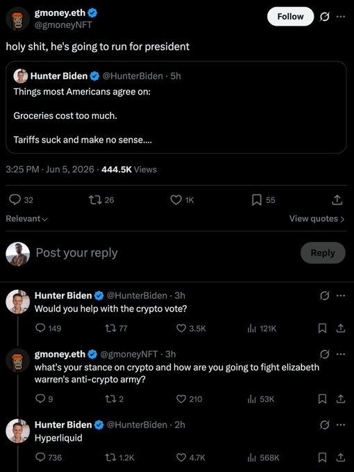 The image shows a Twitter feed with multiple posts related to cryptocurrency. The main post reads "Hunter Biden, son of former President Joe Biden, has jumped into the fray that crypto has reached right now." This post seems to be negative or critical about the current state of cryptocurrency.