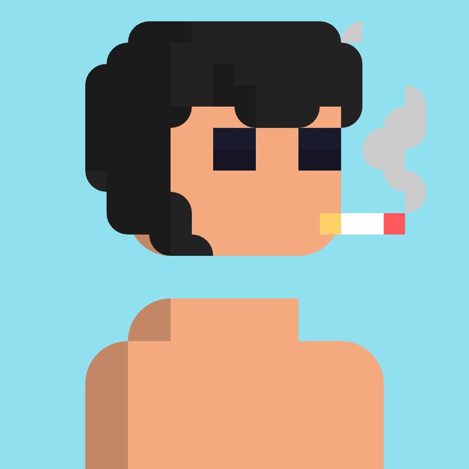 A minimalist pixel-art style illustration depicts a shirtless person with curly black hair and sunglasses smoking a cigarette against a light blue background.