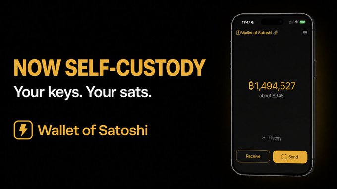 A promotional advertisement for 'Wallet of Satoshi' Bitcoin wallet, displaying the text 'NOW SELF-CUSTODY - Your keys. Your sats.' next to a smartphone mockup showing a balance of ₿1,494,527 (about $94B).