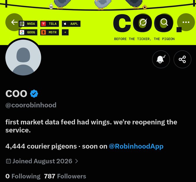 A Twitter profile for "COO" (@coorobinhood) with 787 followers, displaying stock tickers (NVDA, TSLA, AAPL, GOOG, MSTR) in the header and announcing a pigeon-based market data feed service coming to Robinhood. The profile bio mentions "4,444 courier pigeons · soon on @RobinhoodApp" and is verified, aligning with the post's mention of the unique Robinhood chain project with 4,444 supply.