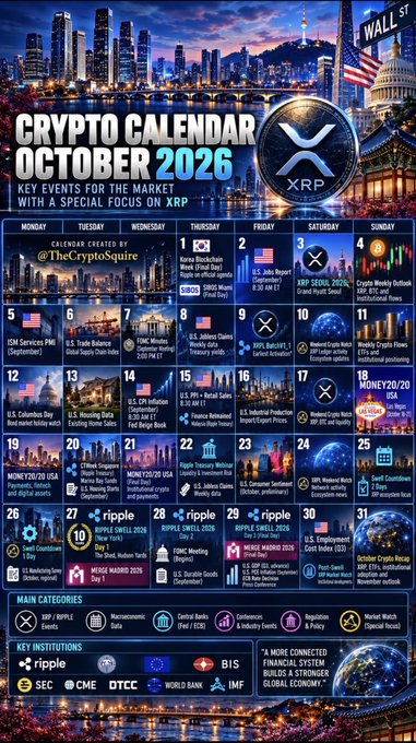 A 'Crypto Calendar October 2026' infographic highlighting key market events with special focus on XRP, featuring the XRP logo, a Wall St. sign, and a calendar grid showing scheduled events by various institutions including SEC, CME, DTCC, World Bank, IMF, BIS, Ripple, and U.S. government agencies.