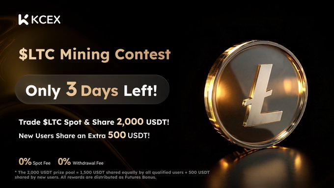 A KCEX cryptocurrency advertisement for an '$LTC Mining Contest' with only 3 days left, featuring a golden Litecoin coin and offering a 2,000 USDT prize pool.
