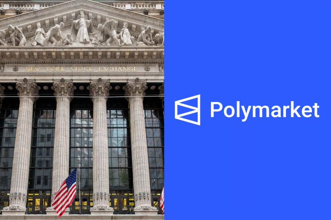 A split image showing the New York Stock Exchange building with its classical columns and American flag on the left, paired with the blue Polymarket logo on the right.