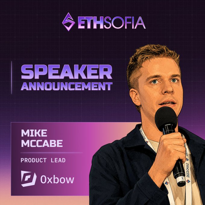 An ETHSofia conference graphic announcing 'SPEAKER ANNOUNCEMENT' for 'MIKE MCCABE', 'PRODUCT LEAD' at 'Oxbow', showing a man speaking into a microphone.