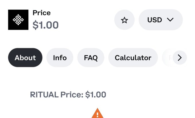 A cryptocurrency price widget showing 'RITUAL' price at $1.00 USD, with navigation tabs for About, Info, FAQ, and Calculator, and a red warning triangle at the bottom.