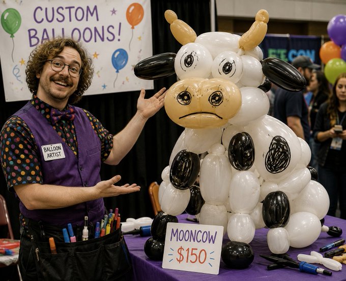 A balloon artist in a purple vest presents a large balloon sculpture of a cow labeled 'MOONCOW' for $150 at a convention with a 'CUSTOM BALLOONS!' banner.