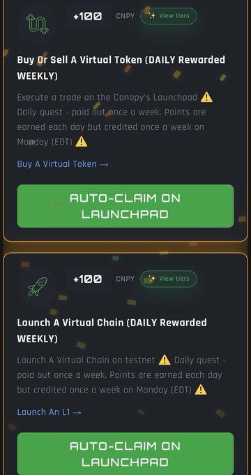Two daily quest cards from a crypto platform offering +100 CNPY rewards for "Buy Or Sell A Virtual Token" and "Launch A Virtual Chain," both with green "AUTO-CLAIM ON LAUNCHPAD" buttons.