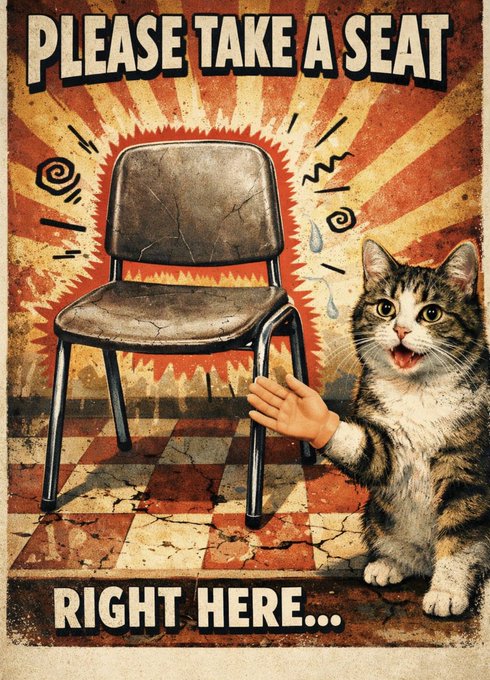 A vintage-style poster with the text 'PLEASE TAKE A SEAT' and 'RIGHT HERE...' shows a tabby cat gesturing toward a metal chair on a checkered floor.