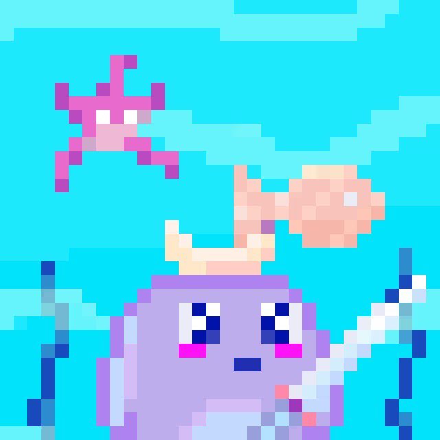 Pixel art depicting a cute purple character underwater alongside a pink crab and fish.