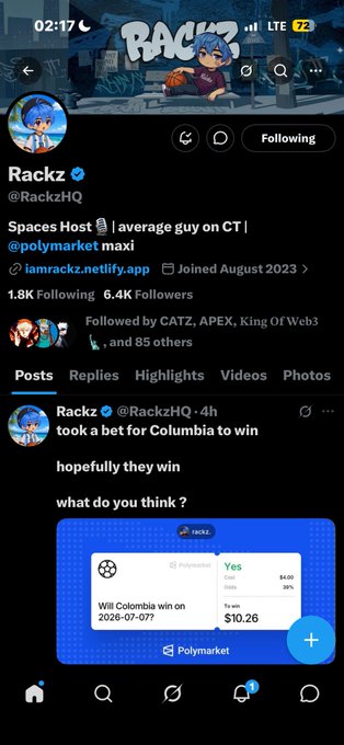 Twitter/X profile page for 'Rackz' (@RackzHQ), a Spaces Host with 1.8K followers, showing a recent post about betting on Colombia to win via Polymarket.