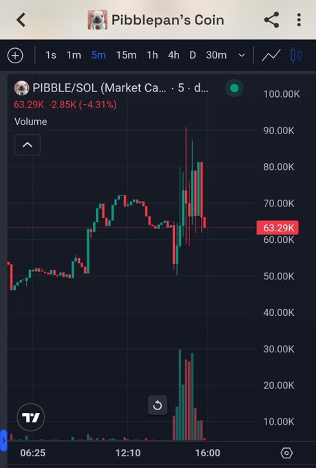 A TradingView candlestick chart for "PIBBLE/SOL" showing the token at 63.29K, down 2.85K (-4.31%) over a 5-minute interval with visible volume spikes.